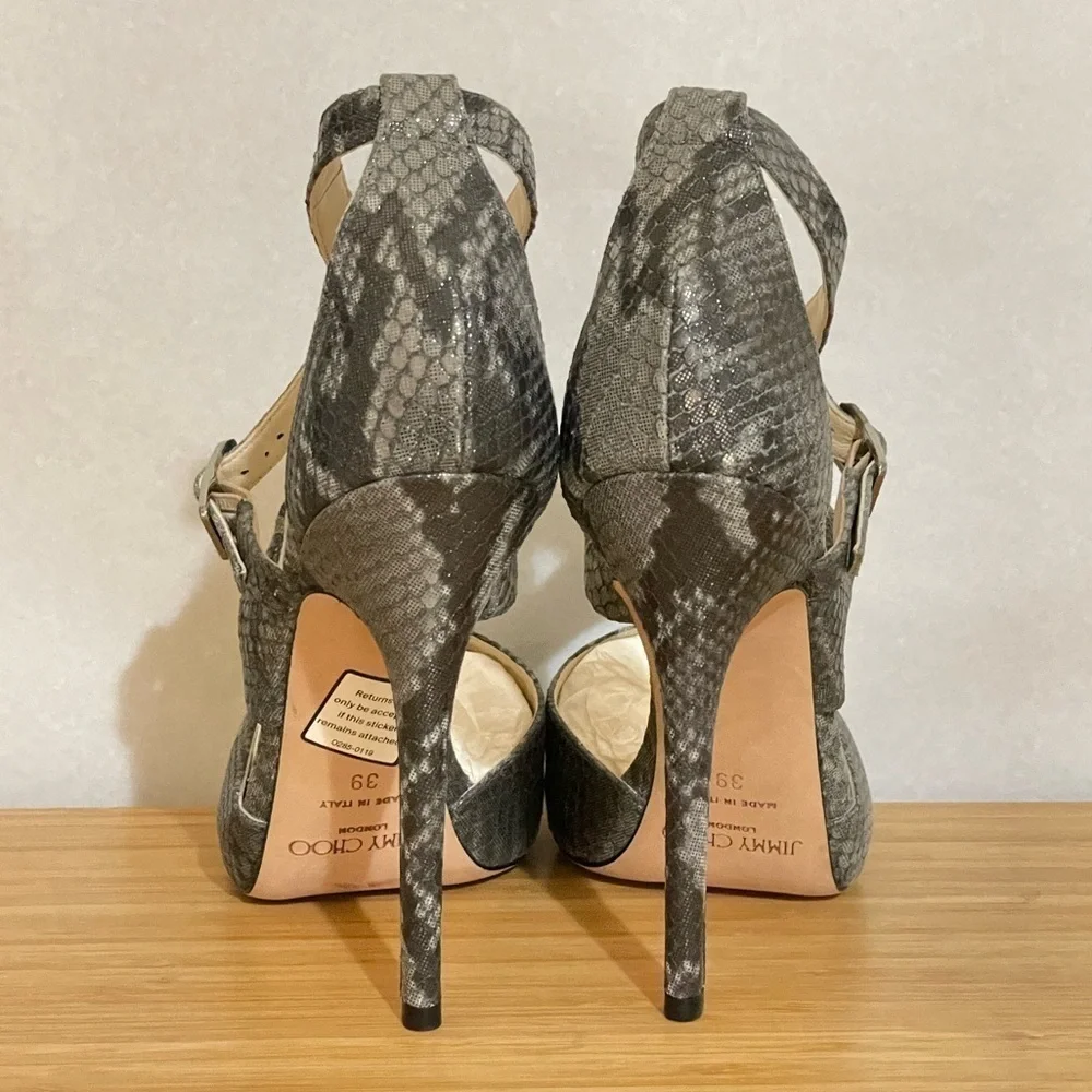 Jimmy Choo glitter animal print wrap around strappy ankle pump 38.5 120mm